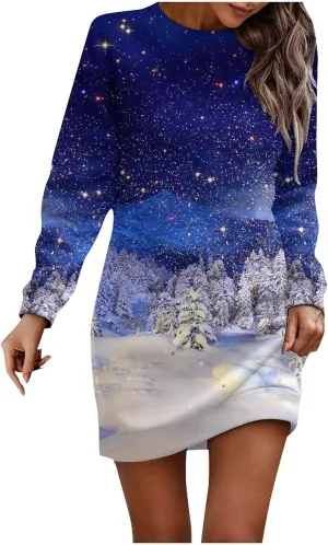 Women's Spring Dresses 2024 Round Neck Printed Long Sleeve Wrap Hip Mini Sweatshirt Dress, S-3XL
