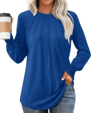 Womens Spring Fashion 2025 Long Sleeve Tunic Tops to Wear with Leggings Crewneck Pleated Shirts Loose Fit Cute Tee