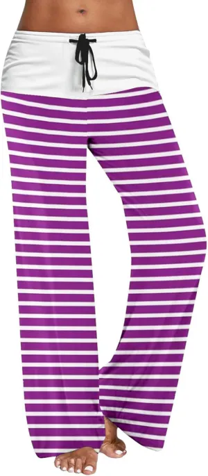 Women's Straight Wide Leg Trousers Elastic Drawstring High Waist Palazzo Pants Striped Print Lounge Pants Trousers