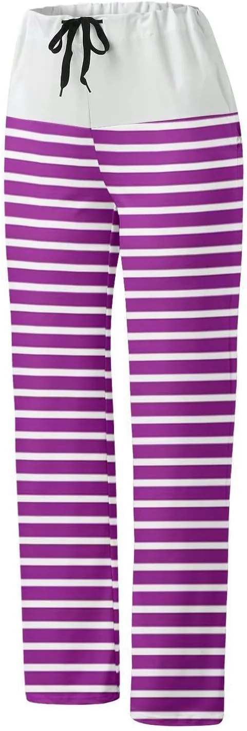 Women's Straight Wide Leg Trousers Elastic Drawstring High Waist Palazzo Pants Striped Print Lounge Pants Trousers