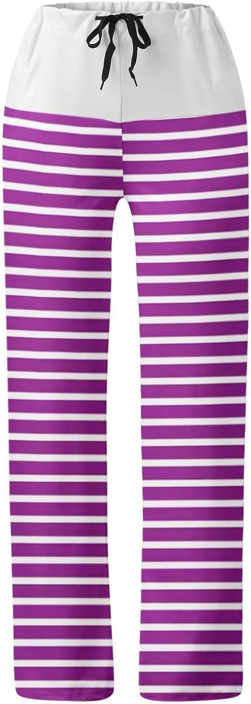 Women's Straight Wide Leg Trousers Elastic Drawstring High Waist Palazzo Pants Striped Print Lounge Pants Trousers