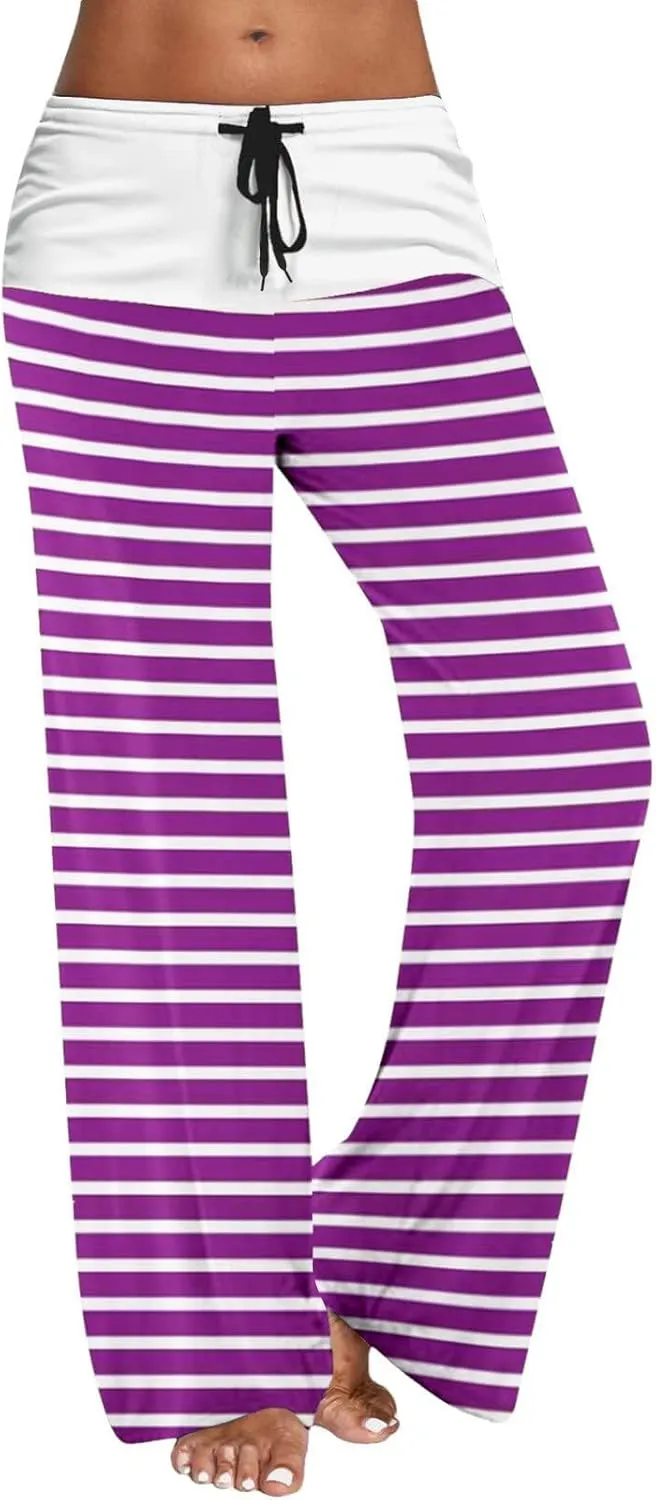 Women's Straight Wide Leg Trousers Elastic Drawstring High Waist Palazzo Pants Striped Print Lounge Pants Trousers