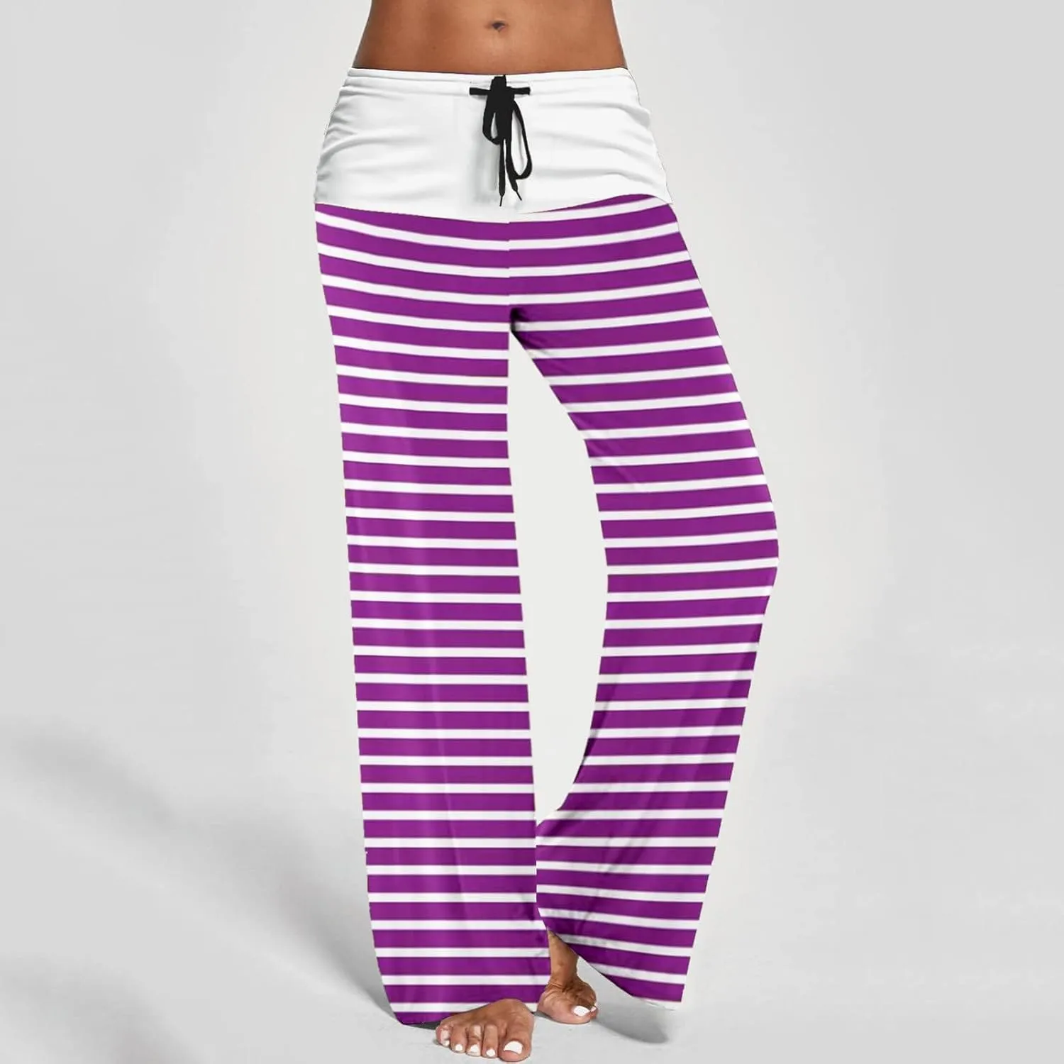 Women's Straight Wide Leg Trousers Elastic Drawstring High Waist Palazzo Pants Striped Print Lounge Pants Trousers