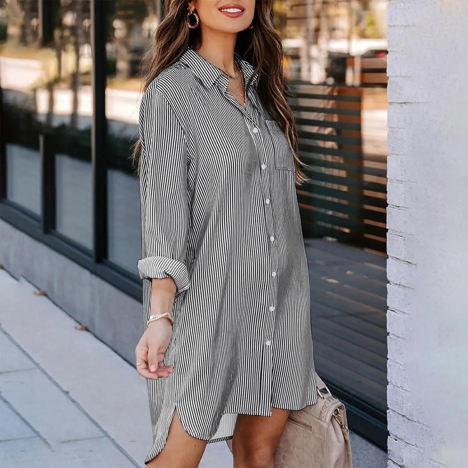 Womens Striped Button Down Midi Shirt Dress 2024 Fall Long Sleeve T Shirt Dress Fashion Casual Loose Travel Outfits
