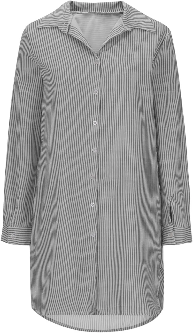 Womens Striped Button Down Midi Shirt Dress 2024 Fall Long Sleeve T Shirt Dress Fashion Casual Loose Travel Outfits