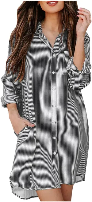 Womens Striped Button Down Midi Shirt Dress 2024 Fall Long Sleeve T Shirt Dress Fashion Casual Loose Travel Outfits