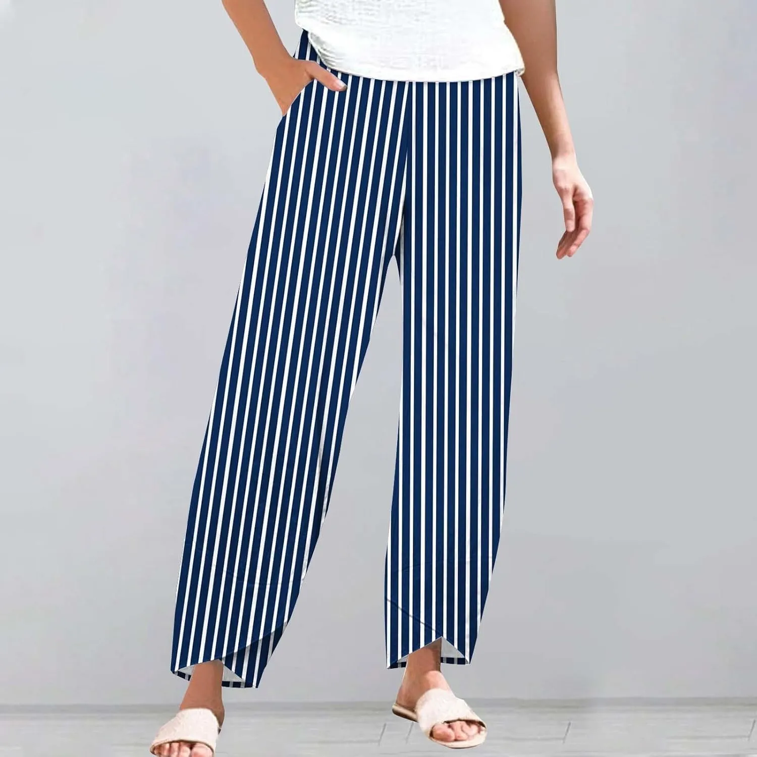 Women's Striped Printed Elastic High Waist Wide Leg Cropped Pants Casual Summer Beach Trousers for Women with Pocket