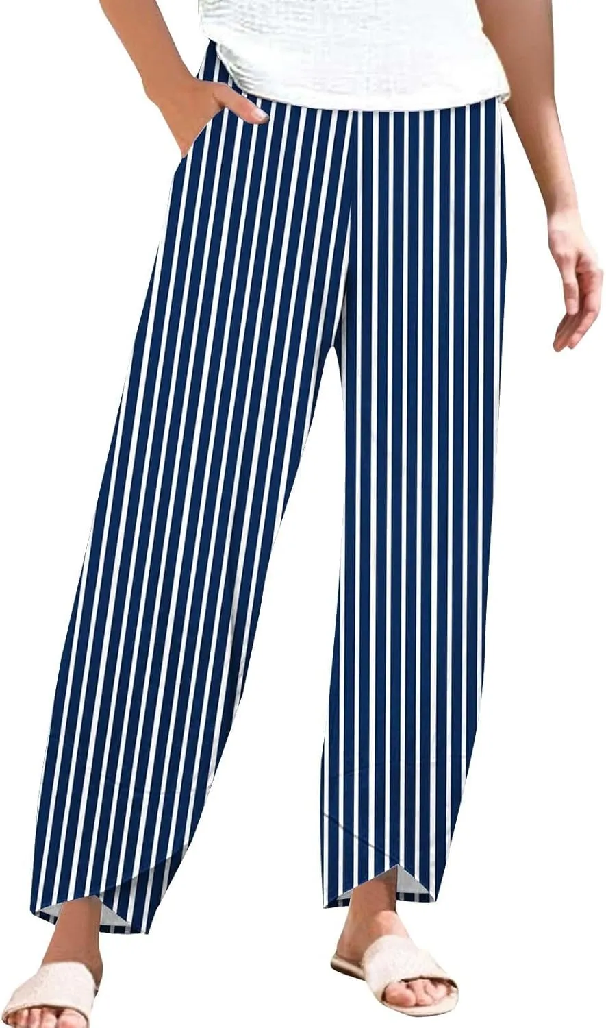 Women's Striped Printed Elastic High Waist Wide Leg Cropped Pants Casual Summer Beach Trousers for Women with Pocket