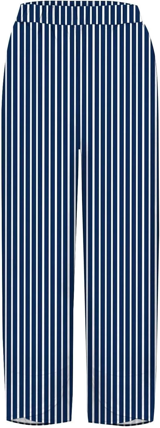 Women's Striped Printed Elastic High Waist Wide Leg Cropped Pants Casual Summer Beach Trousers for Women with Pocket