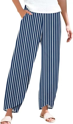 Women's Striped Printed Elastic High Waist Wide Leg Cropped Pants Casual Summer Beach Trousers for Women with Pocket