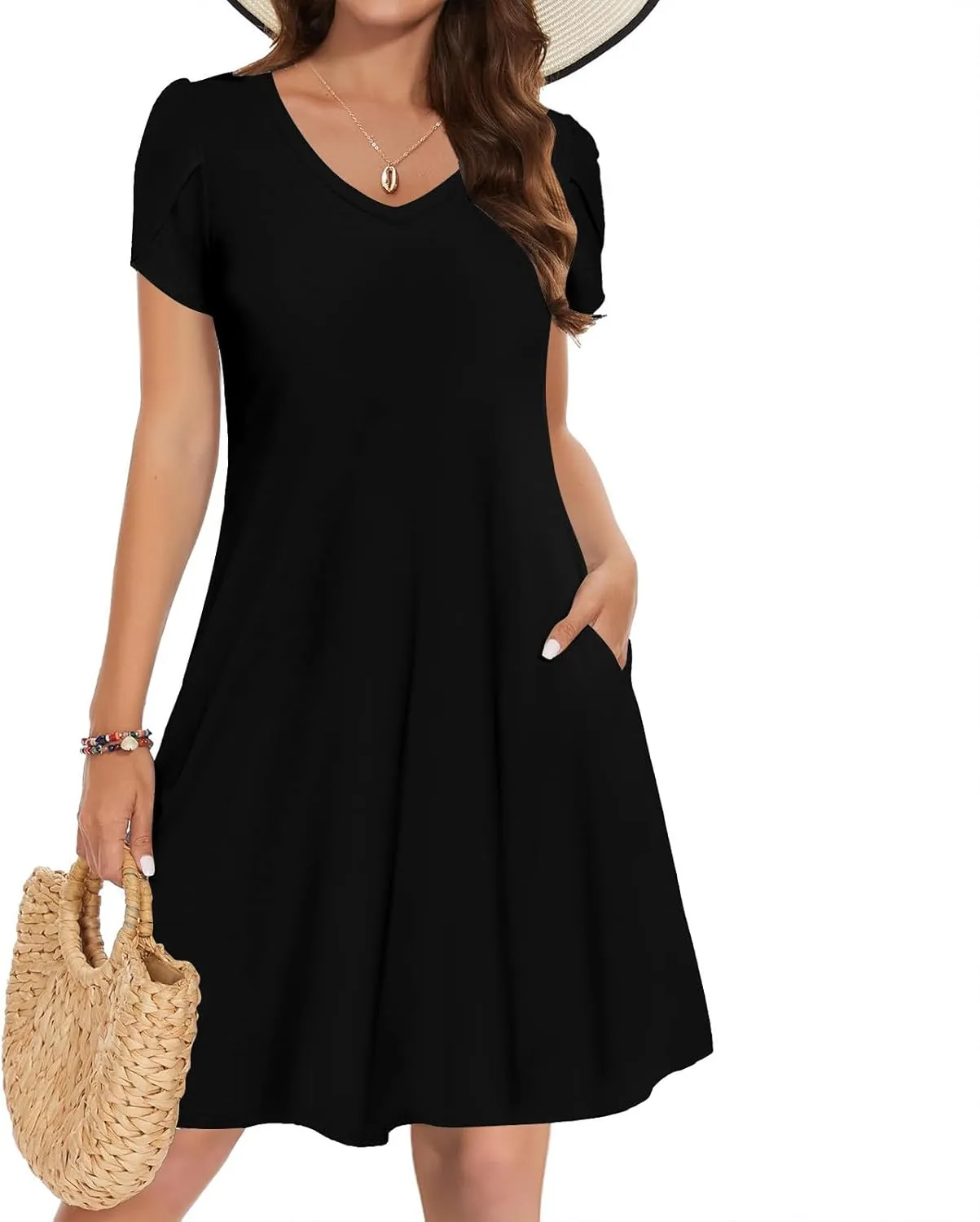 Womens Summer A-Line Dress Casual Floral Boho Dresses Flowy Beach Swing Sundress with Pockets Vacation Travel Outfits