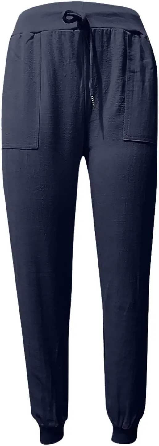 Women's Summer Casual Linen Pants Lounge Comfy Drawstring Cinch Bottom Pants Elastic Waist Beach Trousers with Pocket