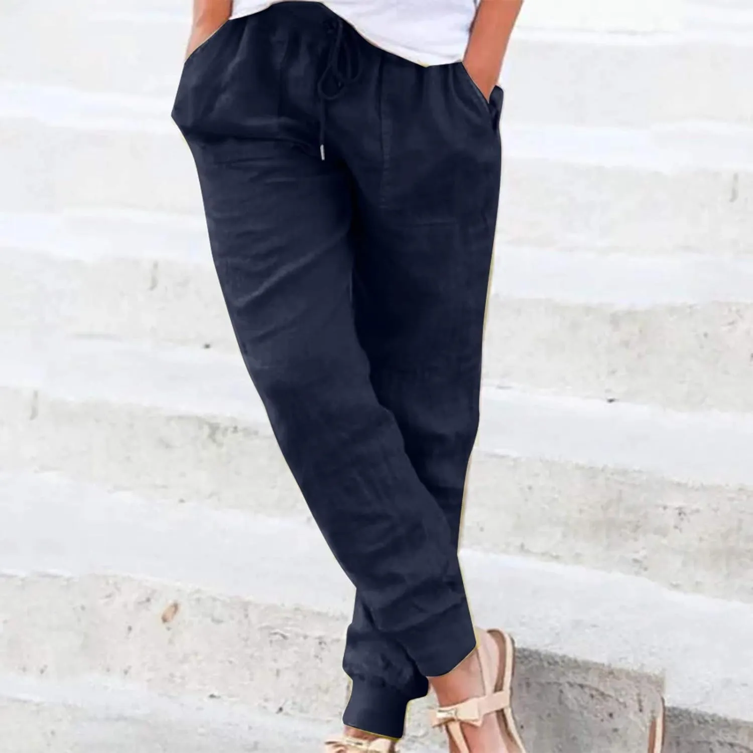 Women's Summer Casual Linen Pants Lounge Comfy Drawstring Cinch Bottom Pants Elastic Waist Beach Trousers with Pocket