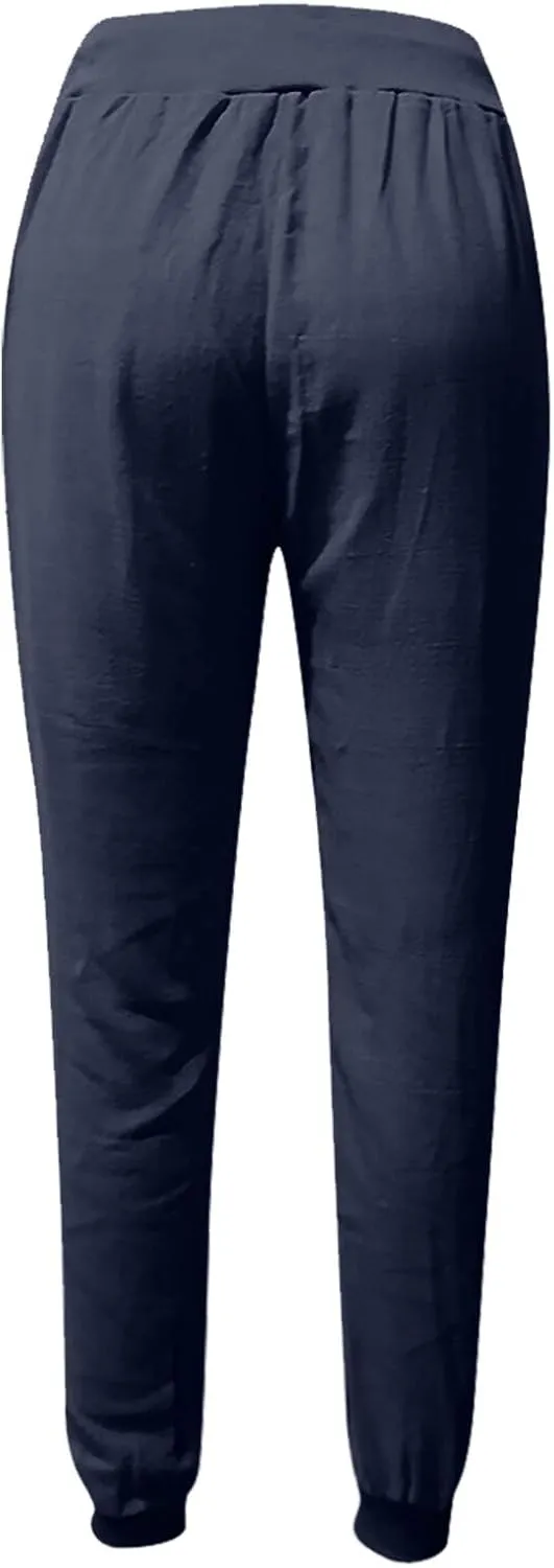 Women's Summer Casual Linen Pants Lounge Comfy Drawstring Cinch Bottom Pants Elastic Waist Beach Trousers with Pocket