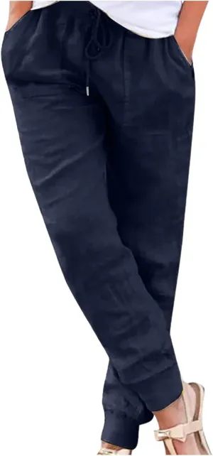 Women's Summer Casual Linen Pants Lounge Comfy Drawstring Cinch Bottom Pants Elastic Waist Beach Trousers with Pocket