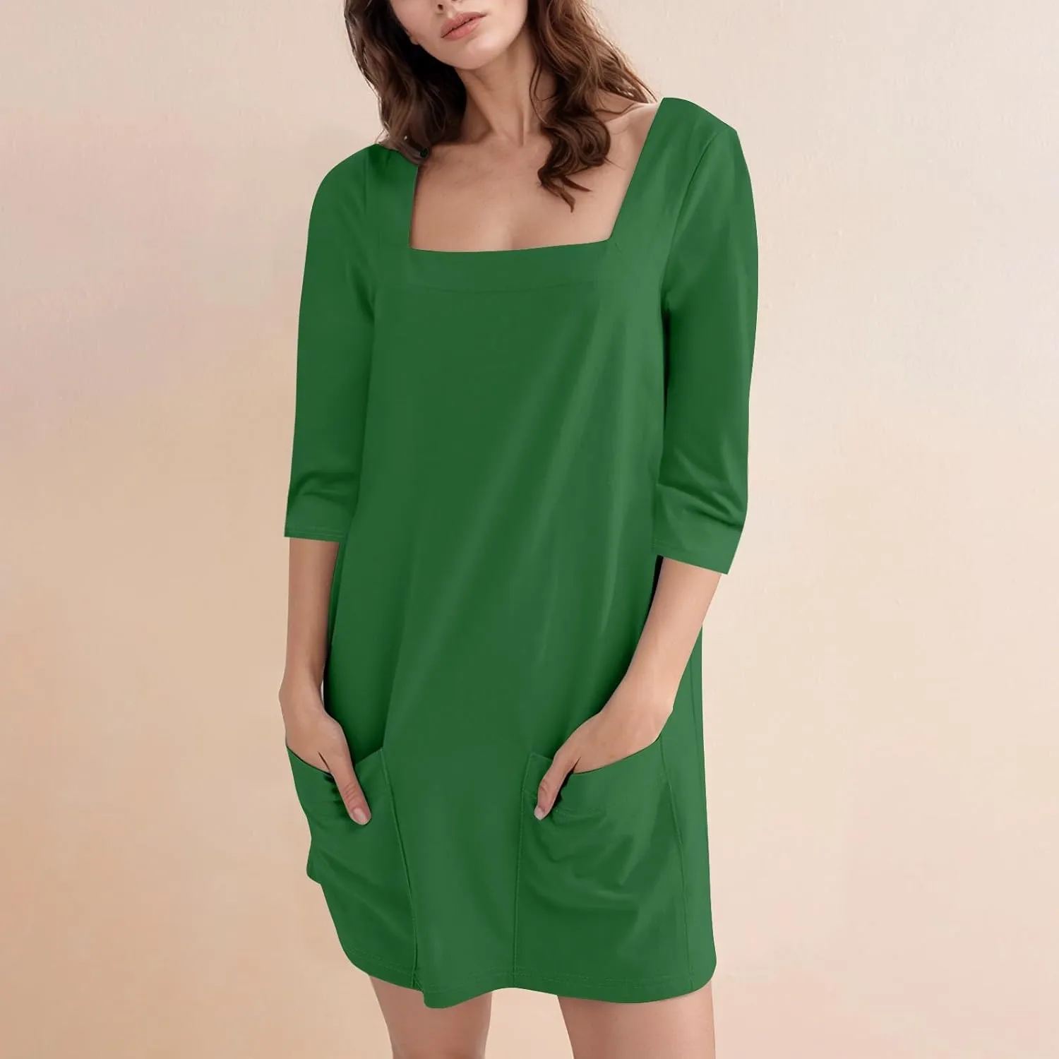Women's Summer Casual Loose Trendy Dress Square Neck 3/4 Sleeve Solid Color Patchwork Midi Dresses, S-3XL