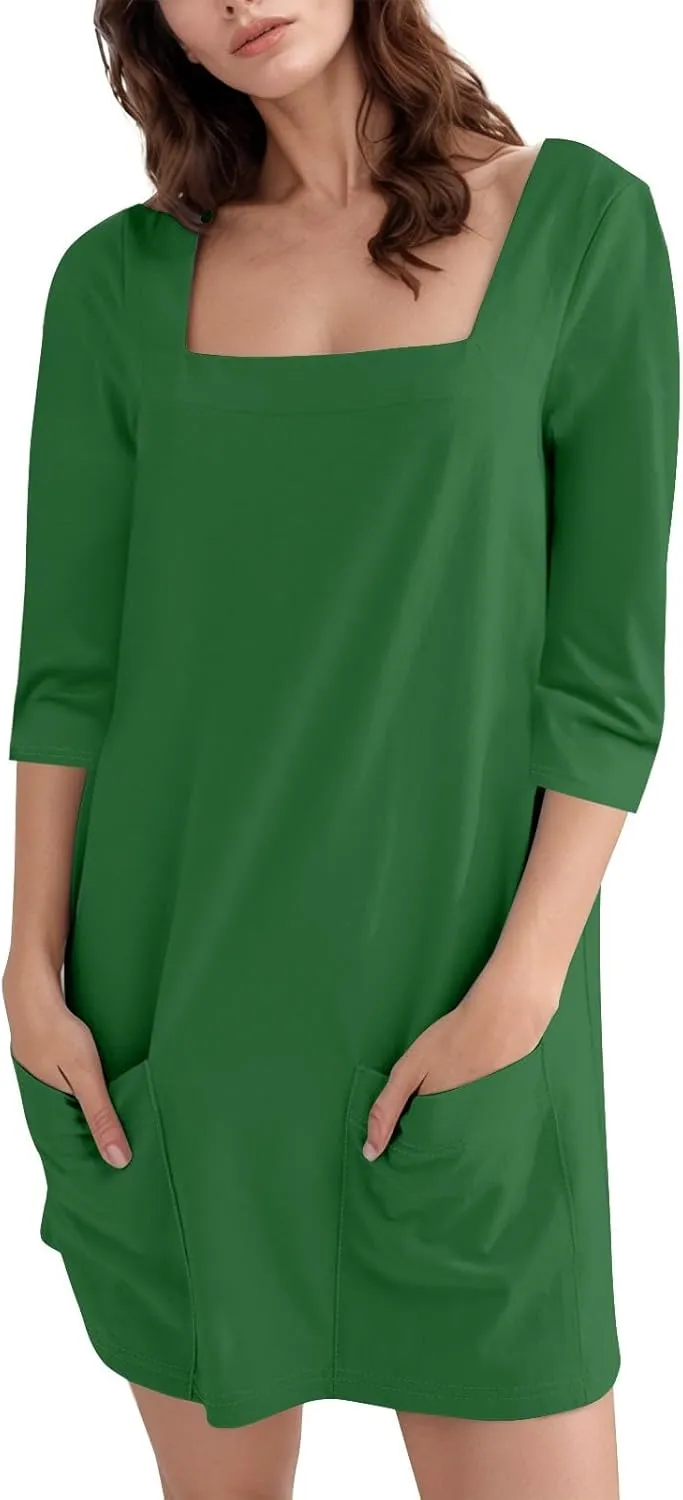 Women's Summer Casual Loose Trendy Dress Square Neck 3/4 Sleeve Solid Color Patchwork Midi Dresses, S-3XL