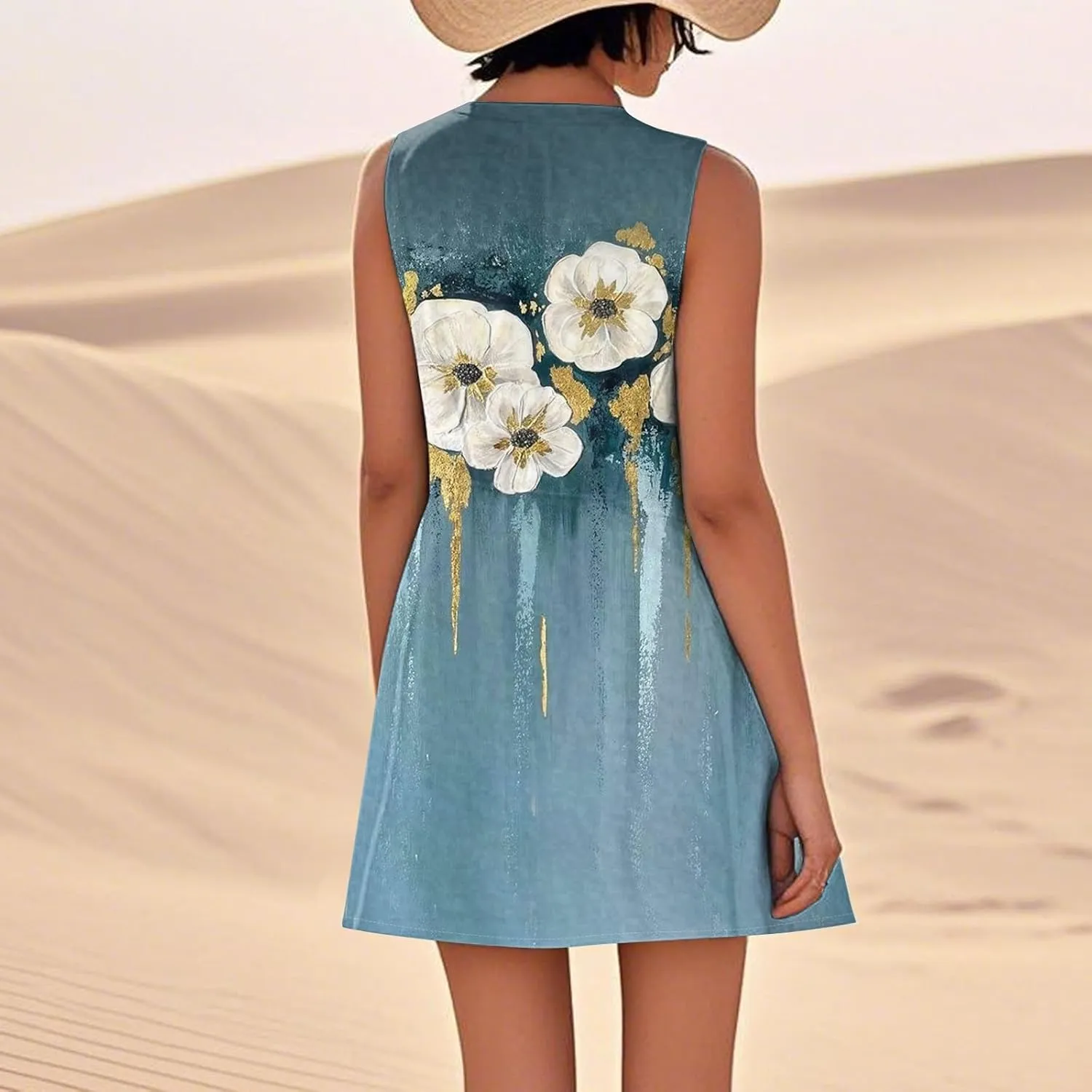 Women's Summer Cotton Linen Midi Dress Sleeveless U-Neck Printed Dresses Plus Size Loose Comfy Dress with Pocket