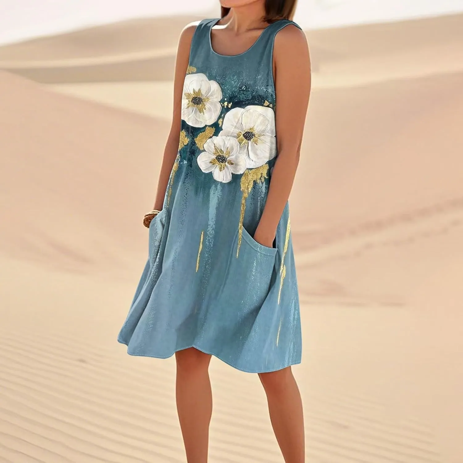 Women's Summer Cotton Linen Midi Dress Sleeveless U-Neck Printed Dresses Plus Size Loose Comfy Dress with Pocket