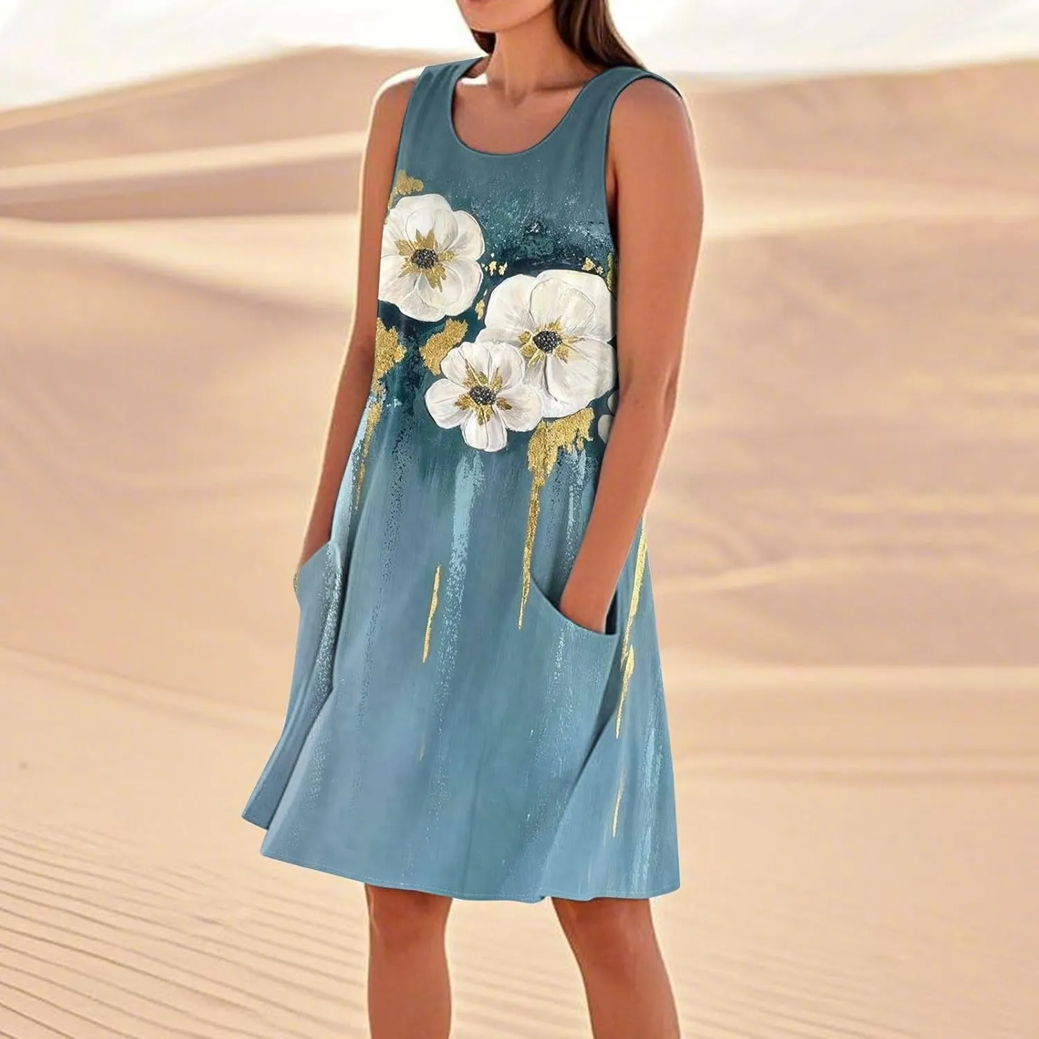 Women's Summer Cotton Linen Midi Dress Sleeveless U-Neck Printed Dresses Plus Size Loose Comfy Dress with Pocket