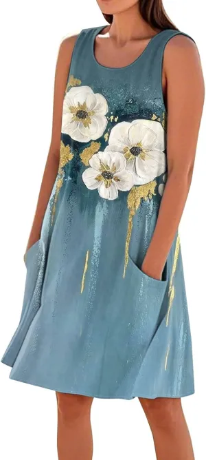 Women's Summer Cotton Linen Midi Dress Sleeveless U-Neck Printed Dresses Plus Size Loose Comfy Dress with Pocket