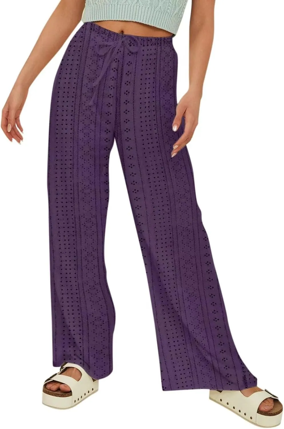 Women's Summer Cotton Linen Pants High Waist Wide Leg Loose Palazzo Pants Casual Beach Pants Trousers with Pockets