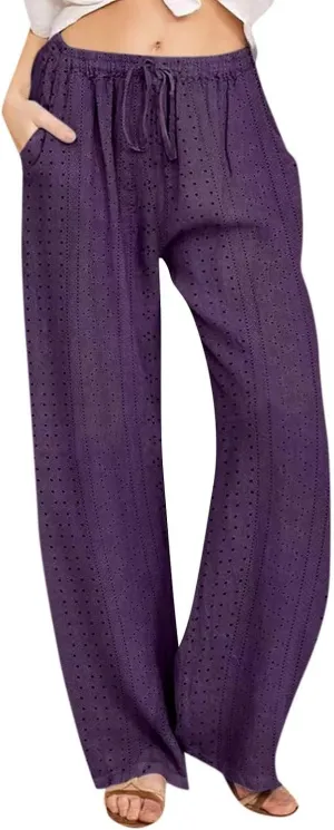 Women's Summer Cotton Linen Pants High Waist Wide Leg Loose Palazzo Pants Casual Beach Pants Trousers with Pockets
