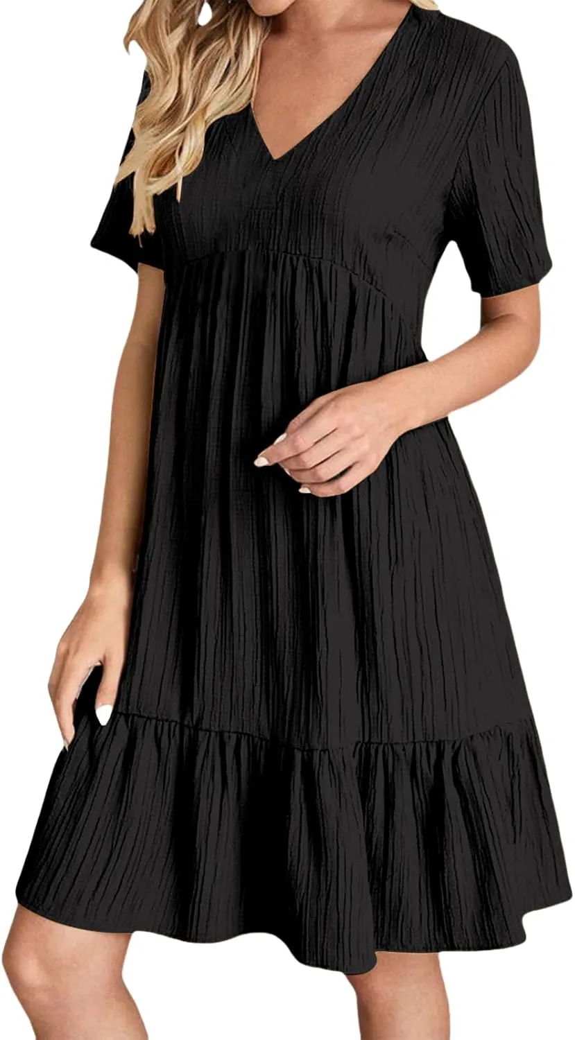 Womens Summer Dress V Neck Short Sleeve Ruffle Hem Flowy Swing Dresses 2025 Tiered A Line Mini Dress Beach Sundress