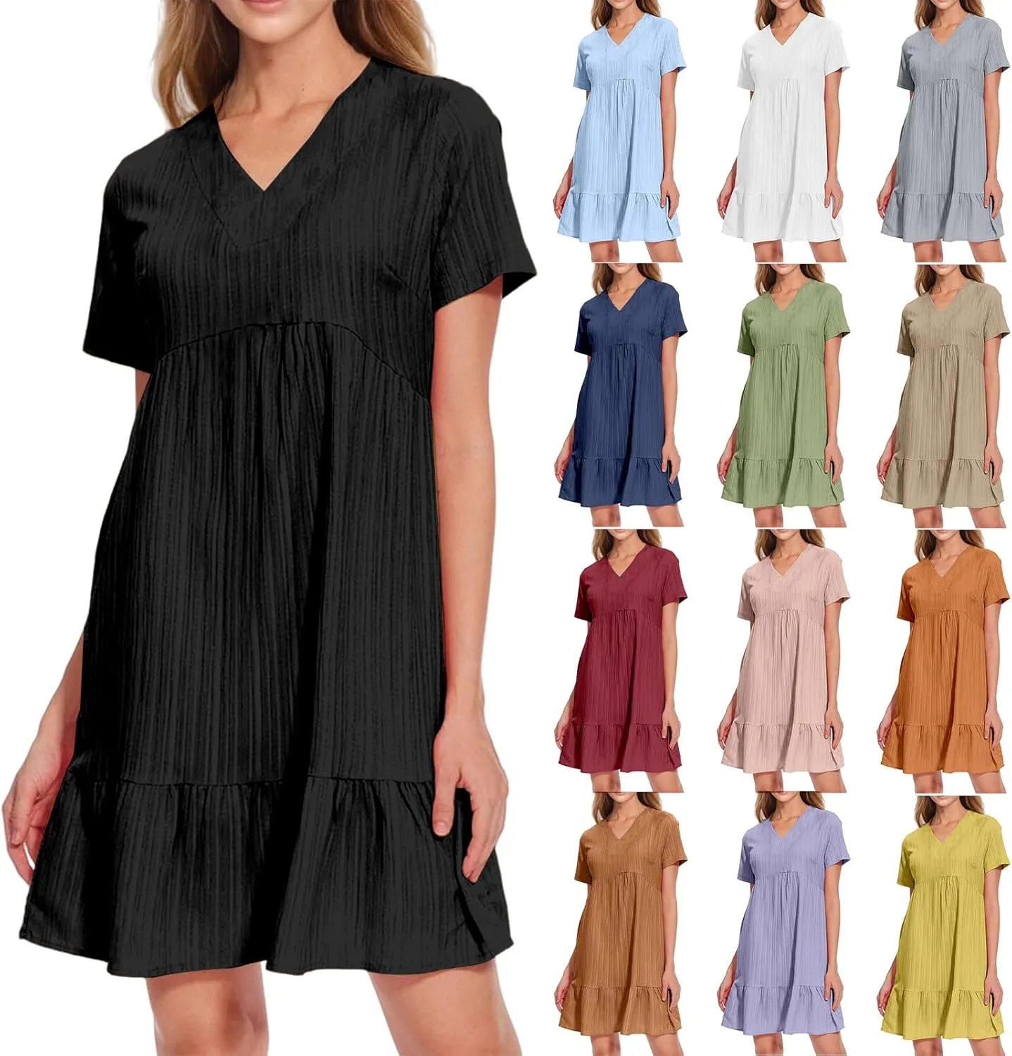 Womens Summer Dress V Neck Short Sleeve Ruffle Hem Flowy Swing Dresses 2025 Tiered A Line Mini Dress Beach Sundress