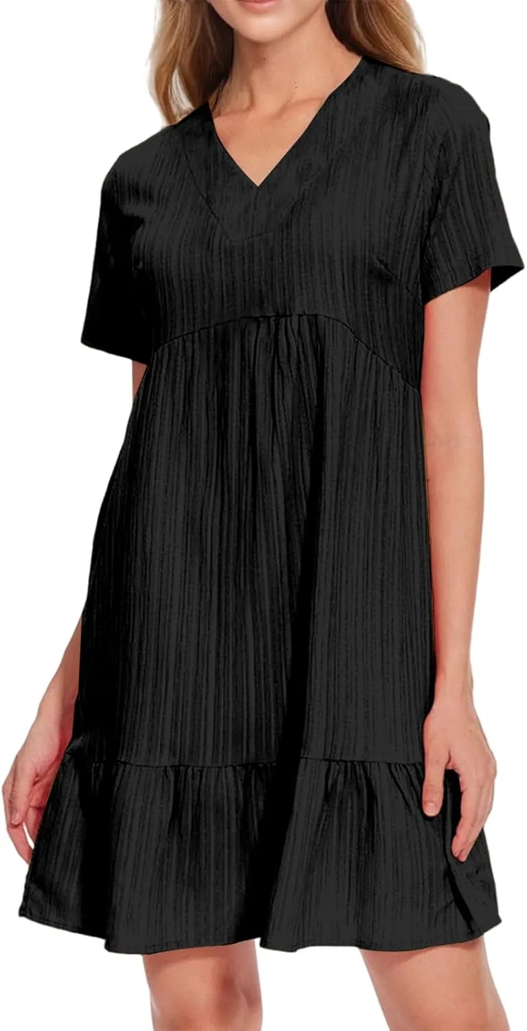 Womens Summer Dress V Neck Short Sleeve Ruffle Hem Flowy Swing Dresses 2025 Tiered A Line Mini Dress Beach Sundress