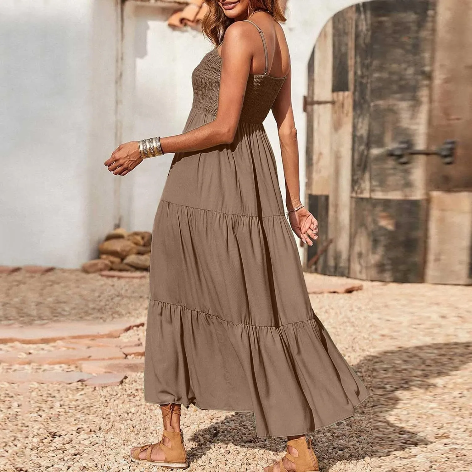 Womens Summer Dresses 2024 Spaghetti Straps Sleeveless Maxi Dress Casual Boho Smocked Tiered Long Beach Sun Dresses