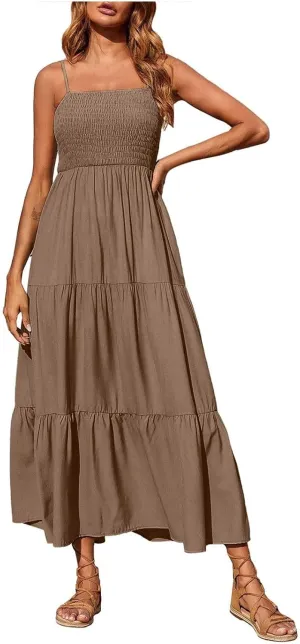 Womens Summer Dresses 2024 Spaghetti Straps Sleeveless Maxi Dress Casual Boho Smocked Tiered Long Beach Sun Dresses