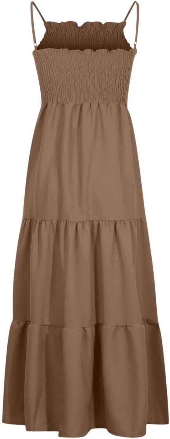 Womens Summer Dresses 2024 Spaghetti Straps Sleeveless Maxi Dress Casual Boho Smocked Tiered Long Beach Sun Dresses
