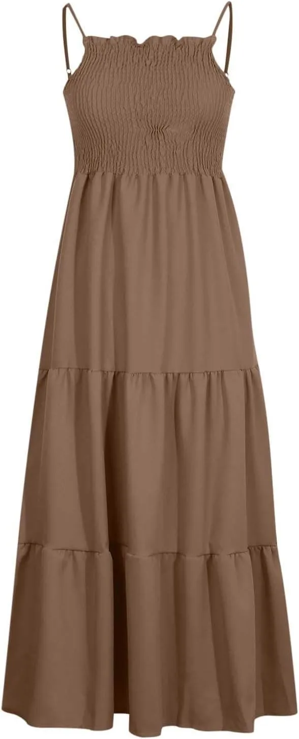 Womens Summer Dresses 2024 Spaghetti Straps Sleeveless Maxi Dress Casual Boho Smocked Tiered Long Beach Sun Dresses