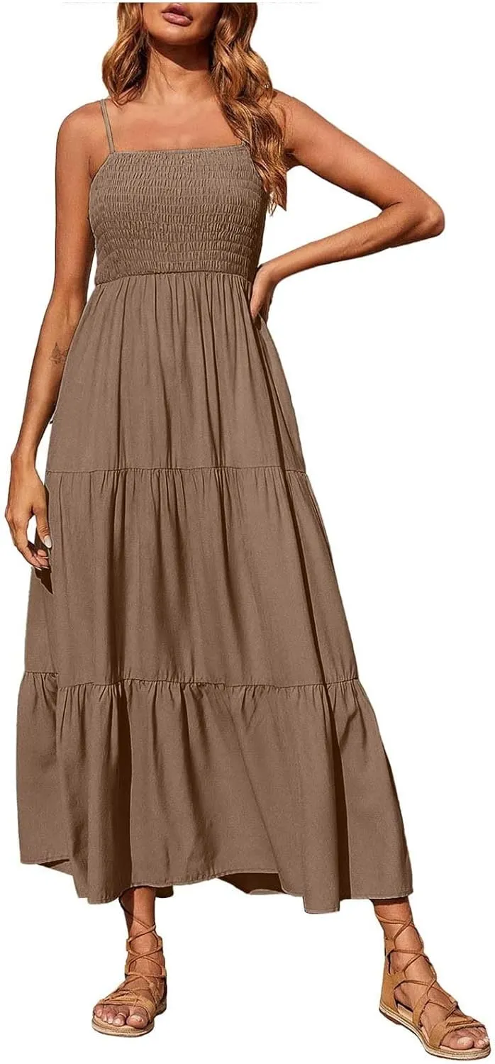Womens Summer Dresses 2024 Spaghetti Straps Sleeveless Maxi Dress Casual Boho Smocked Tiered Long Beach Sun Dresses