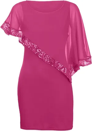Women's Summer Dresses 2025 Trendy Round Neck Sequin Lace Solid Color Chiffon Party Prom Cocktail Dress, S-5XL