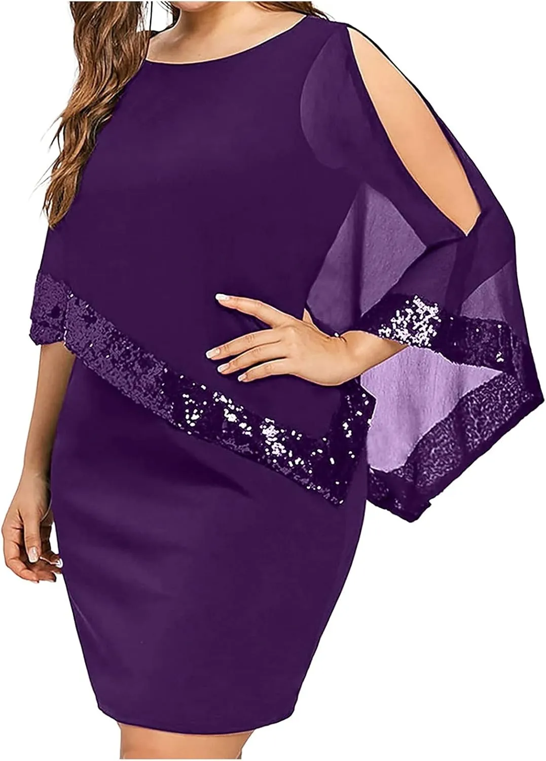Women's Summer Dresses 2025 Trendy Round Neck Sequin Lace Solid Color Chiffon Party Prom Cocktail Dress, S-5XL