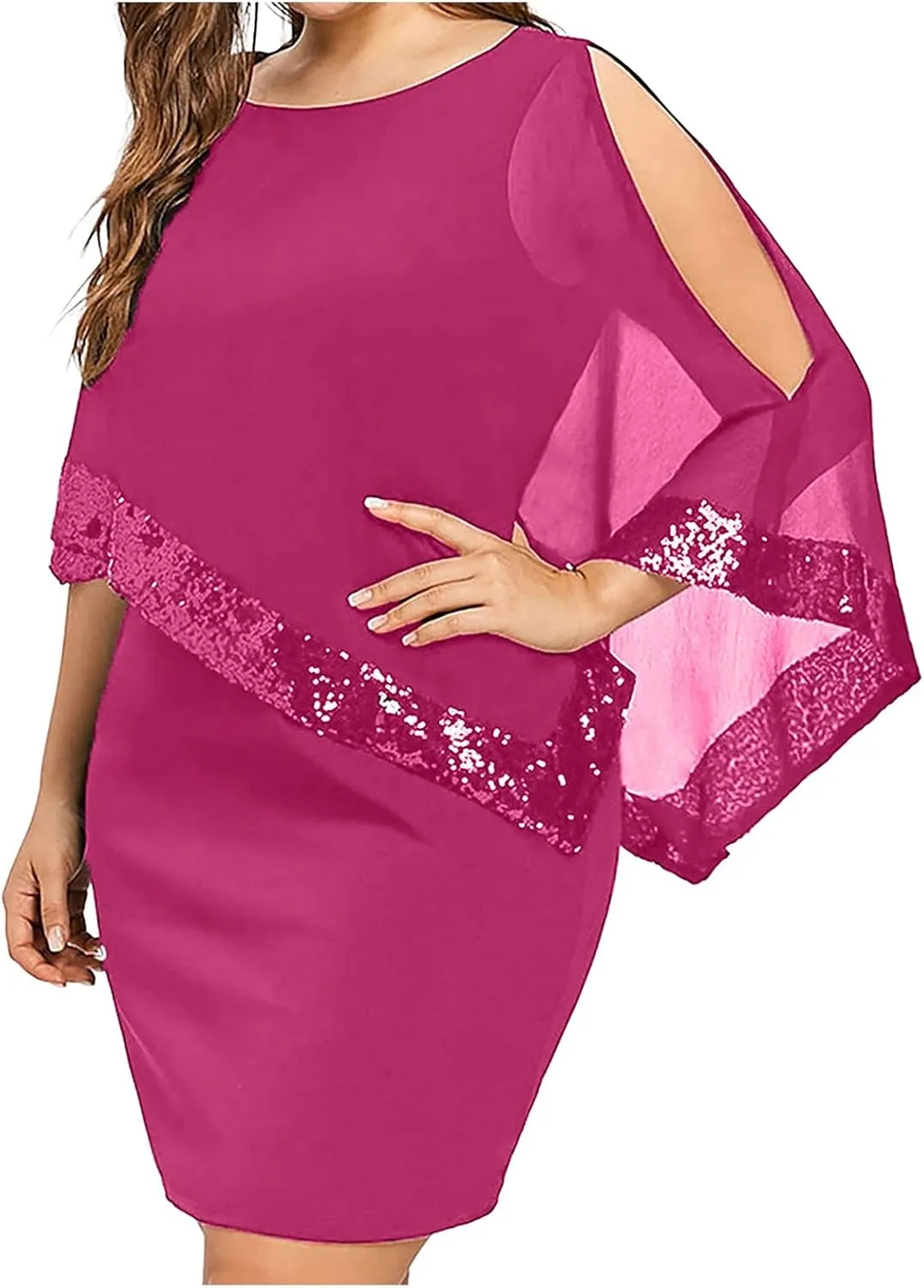 Women's Summer Dresses 2025 Trendy Round Neck Sequin Lace Solid Color Chiffon Party Prom Cocktail Dress, S-5XL