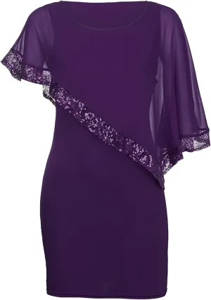 Women's Summer Dresses 2025 Trendy Round Neck Sequin Lace Solid Color Chiffon Party Prom Cocktail Dress, S-5XL