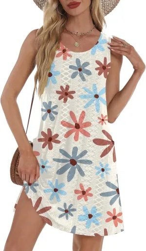Womens Summer Dresses Casual Sundress Summer Boho Beach Dress V Neck Loose Tank Dresses with Pockets
