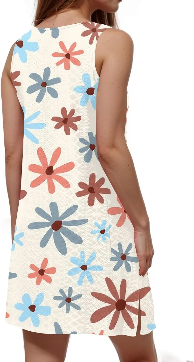 Womens Summer Dresses Casual Sundress Summer Boho Beach Dress V Neck Loose Tank Dresses with Pockets