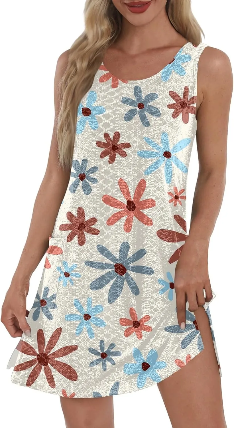 Womens Summer Dresses Casual Sundress Summer Boho Beach Dress V Neck Loose Tank Dresses with Pockets