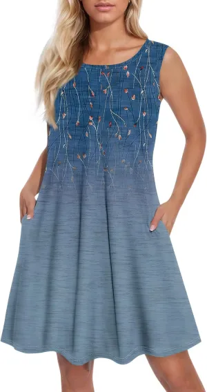 Womens Summer Dresses Loose Round Neck Sleeveless Sundresses Dress with Pockets