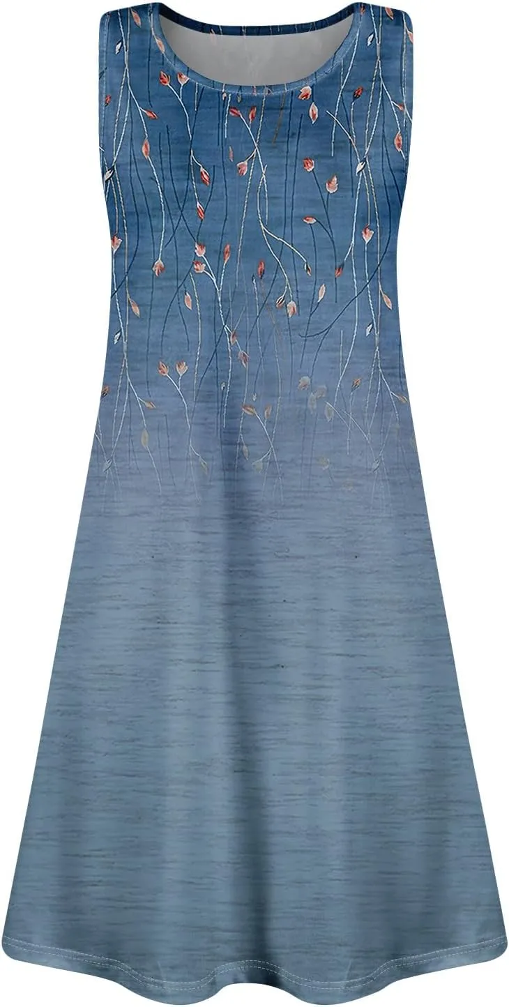 Womens Summer Dresses Loose Round Neck Sleeveless Sundresses Dress with Pockets