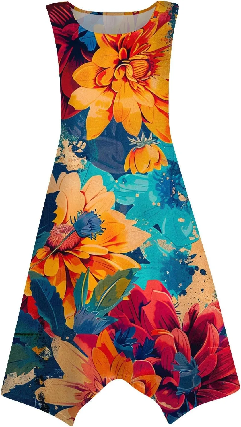 Womens Summer Dresses Summer Casual Floral Sleeveless Dress Flowy Hankerchief Hem Sundresses Beach Midi Tank Dresses