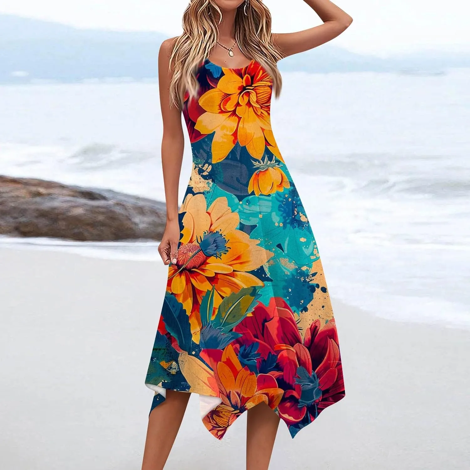 Womens Summer Dresses Summer Casual Floral Sleeveless Dress Flowy Hankerchief Hem Sundresses Beach Midi Tank Dresses