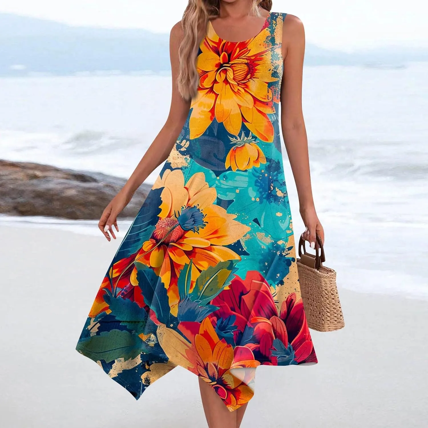 Womens Summer Dresses Summer Casual Floral Sleeveless Dress Flowy Hankerchief Hem Sundresses Beach Midi Tank Dresses