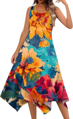 Womens Summer Dresses Summer Casual Floral Sleeveless Dress Flowy Hankerchief Hem Sundresses Beach Midi Tank Dresses