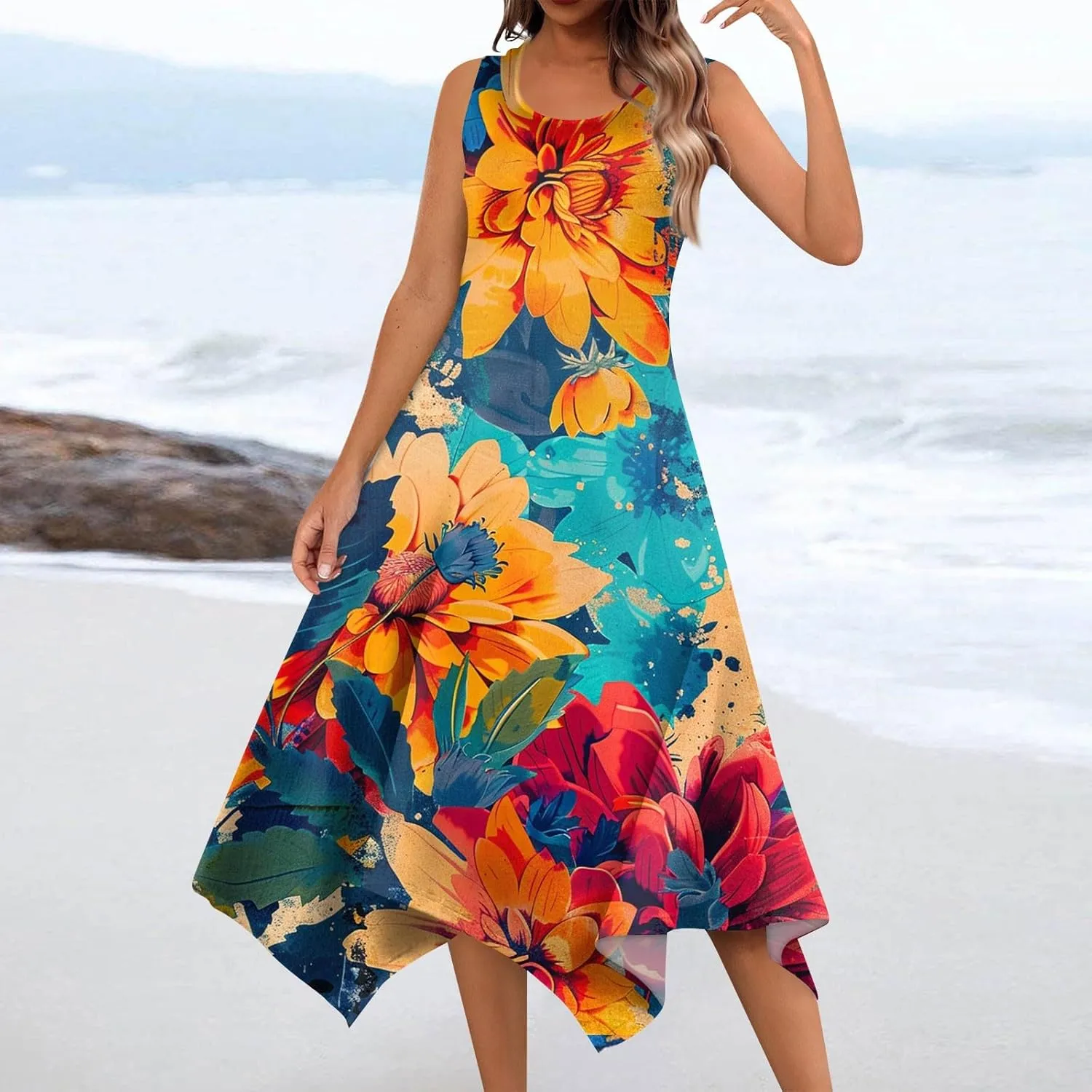Womens Summer Dresses Summer Casual Floral Sleeveless Dress Flowy Hankerchief Hem Sundresses Beach Midi Tank Dresses