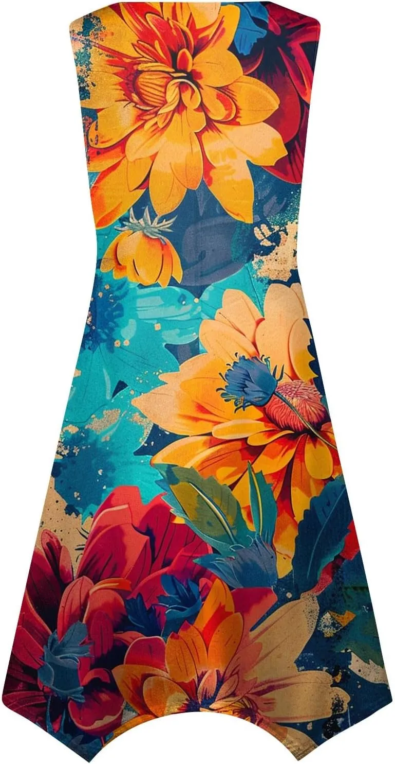 Womens Summer Dresses Summer Casual Floral Sleeveless Dress Flowy Hankerchief Hem Sundresses Beach Midi Tank Dresses